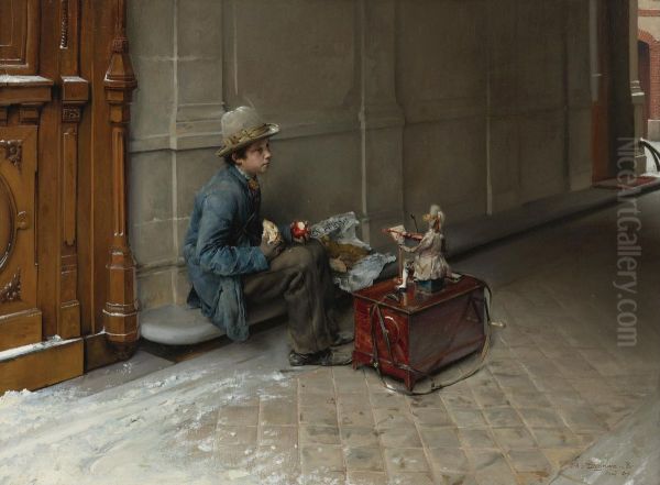The little Savoyard eating in front of an entrance to a house - view 1