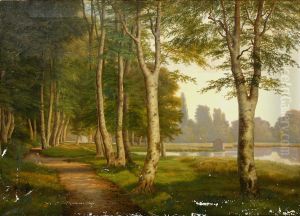 Landscape with a path along a forest lake. by Johan Vilhelm Ludvig Dahl