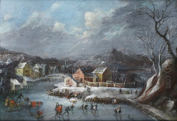 Skaters on a frozen lake, before a winter landscape - view 1