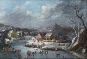 Skaters on a frozen lake, before a winter landscape by Dirck Dalens III