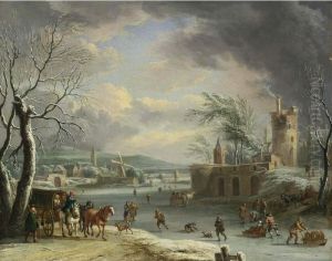A winter landscape with travellers in a horse-drawn carriage, figures skating, village and church beyond. A winter landscape with travellers in a horse-drawn carriage, figures skating, village and church beyond.