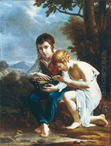 Two young children with a bird nest