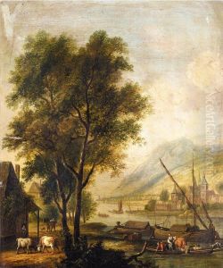 River landscape with cattle and figures before a cottage, and barges on the river