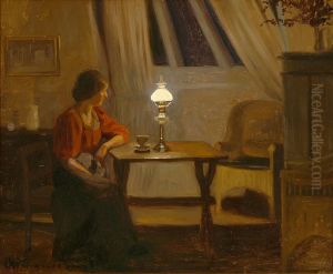 Interior with a woman sitting at a table. by Christian Aigens