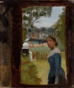 Anna Ancher i forhaven pa Markvej. Skitse. by Michael Peter Ancher