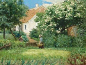 Summer in the garden. Two women talking by a blossoming chestnut tree. by H. A. Brendekilde