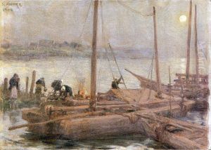 Boats Mooring under the Moon by Shigeru Aoki