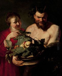 Sater met een mand met druiven met een dienstmaagd