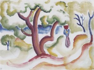 Frau mit Krug unter Baumen by August Macke