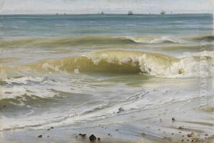 Meeresbrandung mit fernen Schiffen by Johann Wilhelm Schirmer