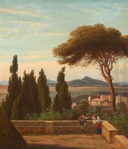 A view from Villa d'Este with pines, cypresses and a family on the terrace. by Johan Peter Raadsig