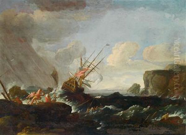A ship off a rocky coast in a tempest - view 1