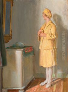 Ung kvinde kigger sig i spejlet. by Michael Peter Ancher