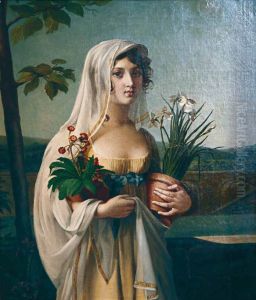Une jeune fille portant deux pots de fleurs