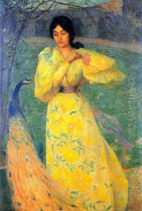 Giovane donna con pavone by Edmond-Francois Aman-Jean