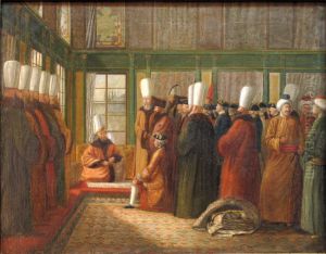 Reception of a French ambassador by the Great Vizir in Constantinople.