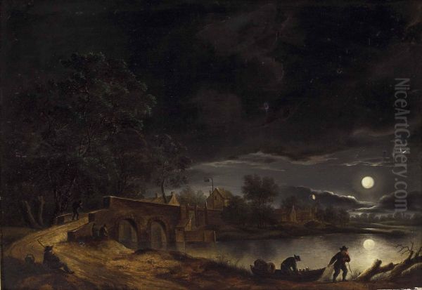 Vollmond uber Dorf am Fluss mit Brucke und Personenstaffage - view 1