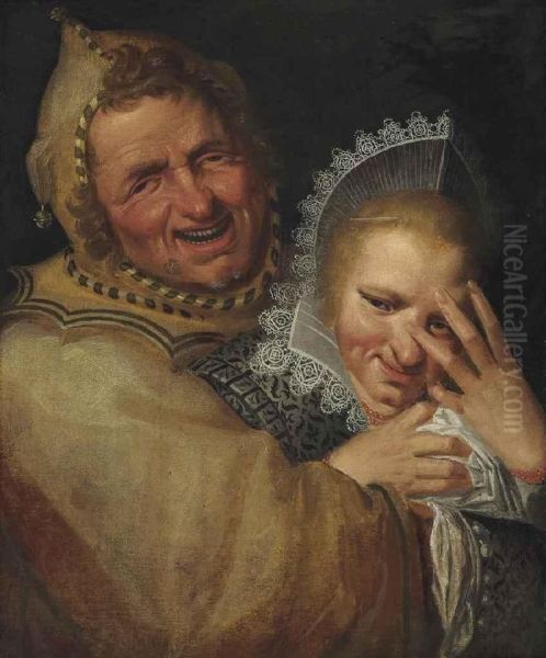 Jester embracing a young woman - view 1
