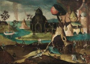 Landschap met gedrochten en fantastische gebouwen