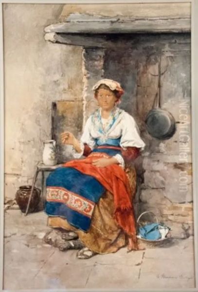 Peasant woman sewing - view 1