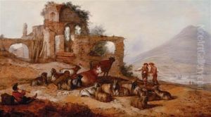 Peasants with livestock by classical ruins in an extensive landscape, with a youth playing a pipe in the foreground by Jacobus Mancadan