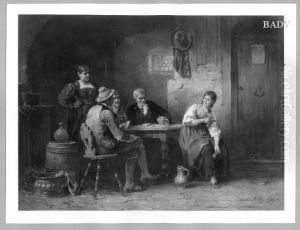 Wirtshausszene mit drei Mannern beim Kartenspiel by Anton Seitz