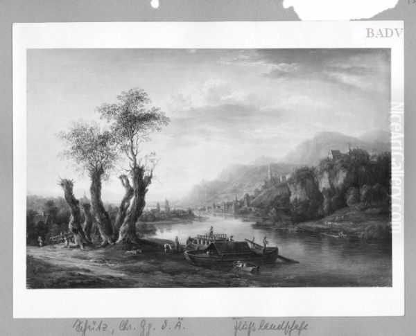Landschaft mit Stadtchen, Fluss und Schiffen - view 1