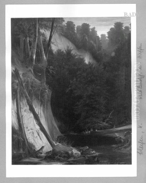Waldlandschaft mit Weiher und Hirschen - view 1