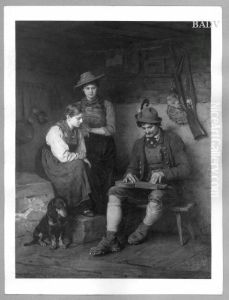 Zitherspieler und zwei Madchen by Franz Defregger
