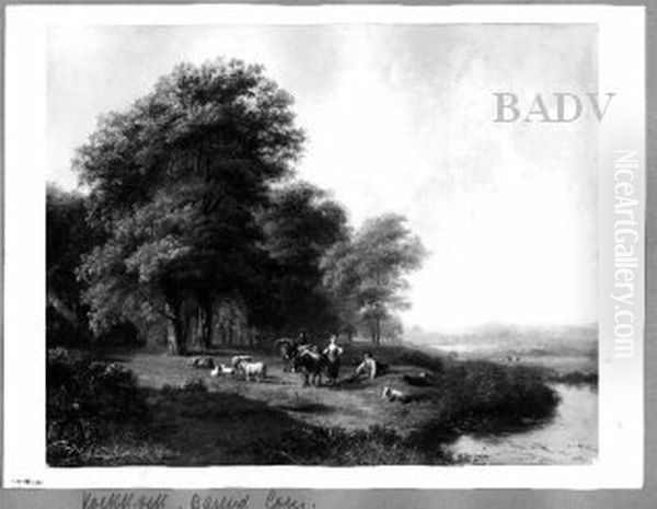 Flusslandschaft mit Staffage, drei Figuren und Schafe - view 1