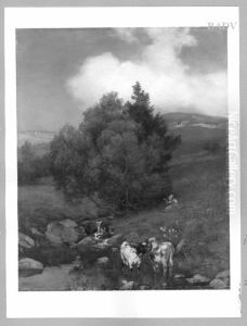 Hugellandschaft mit Kuhen und Wasser by Hans Thoma
