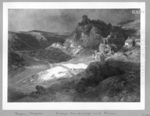 Hugellandschaft mit Ruine by Theodor Hagen