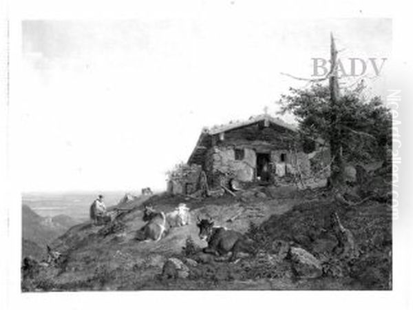 Alpine cottage with cows + girl - view 1