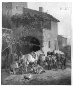 Horses in front of the smithery by Heinrich Burkel