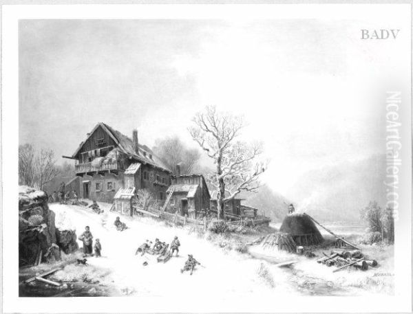Winterlandschaft mit Bauernhaus und Kindern - view 1