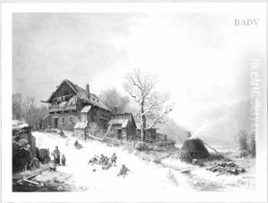 Winterlandschaft mit Bauernhaus und Kindern by Heinrich Burkel