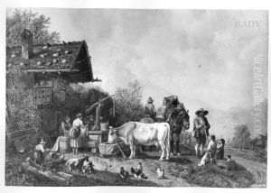 Bauern und Viehtranke in Gebirgslandschaft