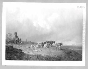 Bavarian landscape with cattle + shepherds by Heinrich Burkel