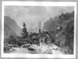 Winterlandschaft mit Schmiede im Gebirge