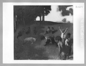 Spielende Faune auf einer Wiese by Franz Stuck