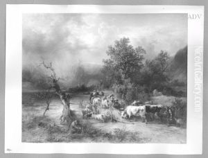 peasants with cattle at a mountain-lake