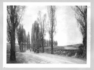 Landschaft mit Pappeln und Hundefuhrwerk