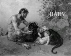 Alter Faun mit zwei jungen Faunen und schwarzen Panther