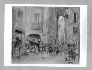 Romische Strasse mit Gemuseladen und Kutsche (Via di Macel die Corvi in Rom)
