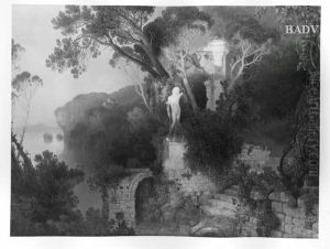 Parkstimmung am Meer (Sudlicher Park mit Statue am Meer) by Wilhelm Schirmer