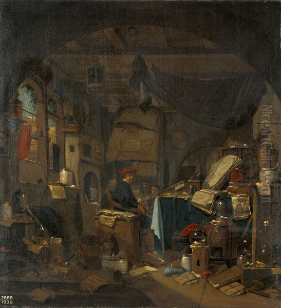 Interior with an alchemist seated at a table, looking out of - view 1