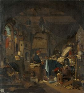 Interior with an alchemist seated at a table, looking out of