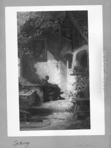 Monch vor dem Haus, gahnender Einsiedler by Carl Spitzweg