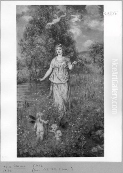 Spring-landscape with young girl and 4 angels - view 1