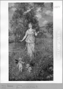 Spring-landscape with young girl and 4 angels by Hans Thoma